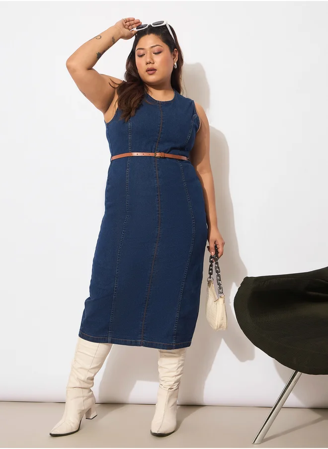ساسافراس Plus Size Denim Sleeveless Belted Bodycon Midi Dress