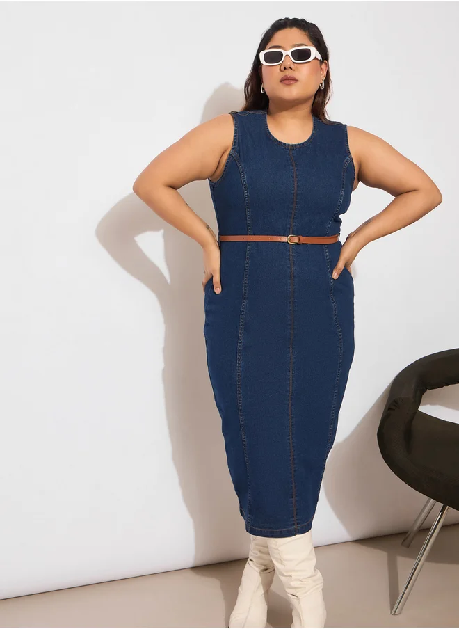 ساسافراس Plus Size Denim Sleeveless Belted Bodycon Midi Dress
