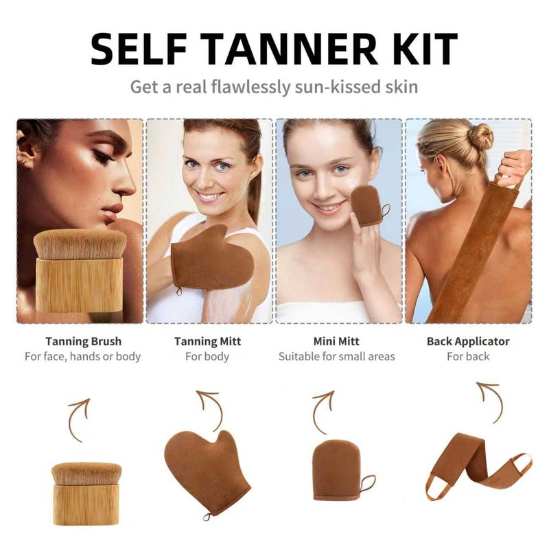 FUNAN Self Tanning Applicator Kit with Tanning Glove for Self Tan Mitt, Back Lotion Applicator, Mini Mitt and Ultra Soft Self Tanner Brush Bamboo Kabuki Brush, Brown - Image 3