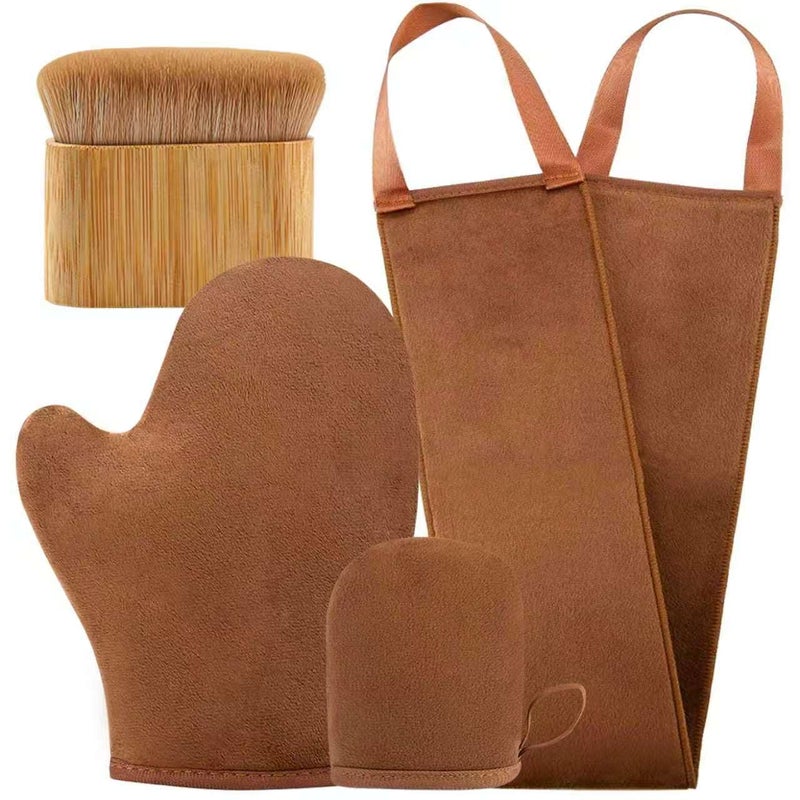 FUNAN Self Tanning Applicator Kit with Tanning Glove for Self Tan Mitt, Back Lotion Applicator, Mini Mitt and Ultra Soft Self Tanner Brush Bamboo Kabuki Brush, Brown - Image 1