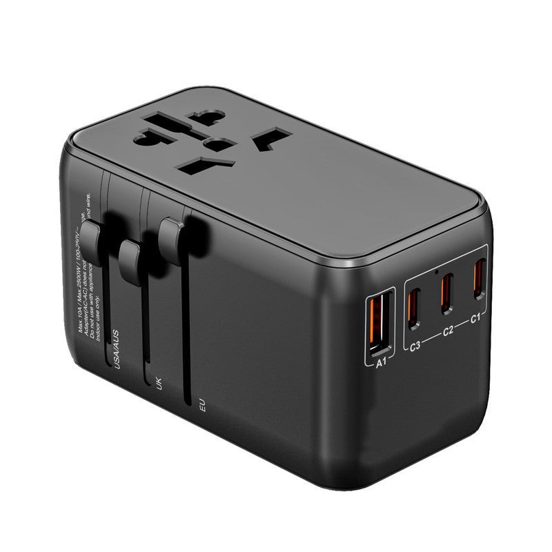 ADONIT Universal 85W GaN Travel Adapter | International Wall Charger w/ Retractable USB-C Cable, PD 85W Ultra Fast, 3xUSB-C, 1xUSB-A, EU/UK/USA/AUS Plug, for Macbooks, laptops, tablets, phones - Black Black - Image 1