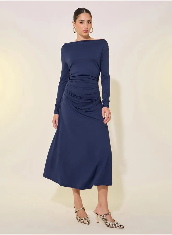 Styli Solid Boat Neck Long Sleeve Midi Dress