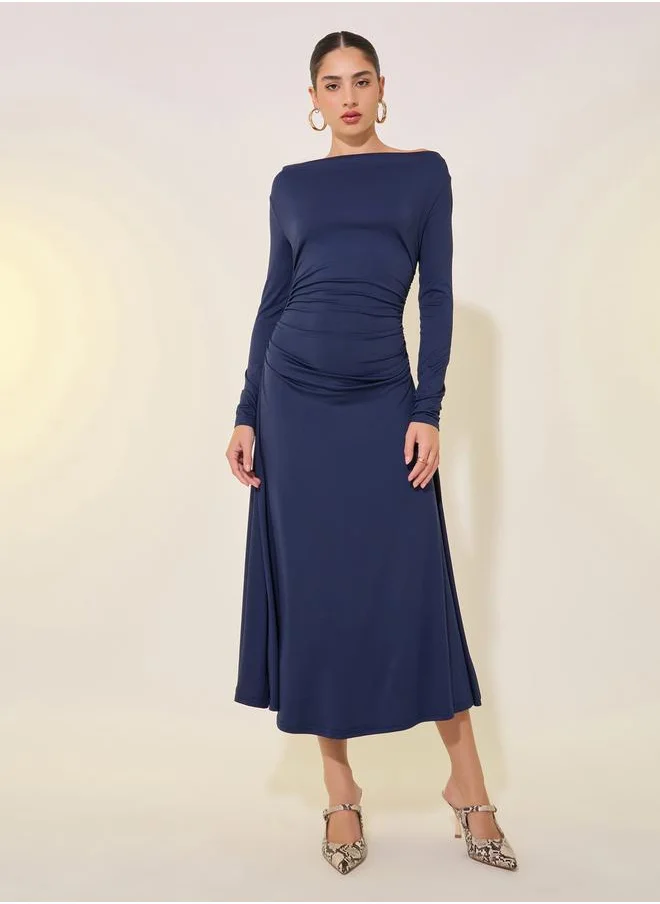 Styli Solid Boat Neck Long Sleeve Midi Dress