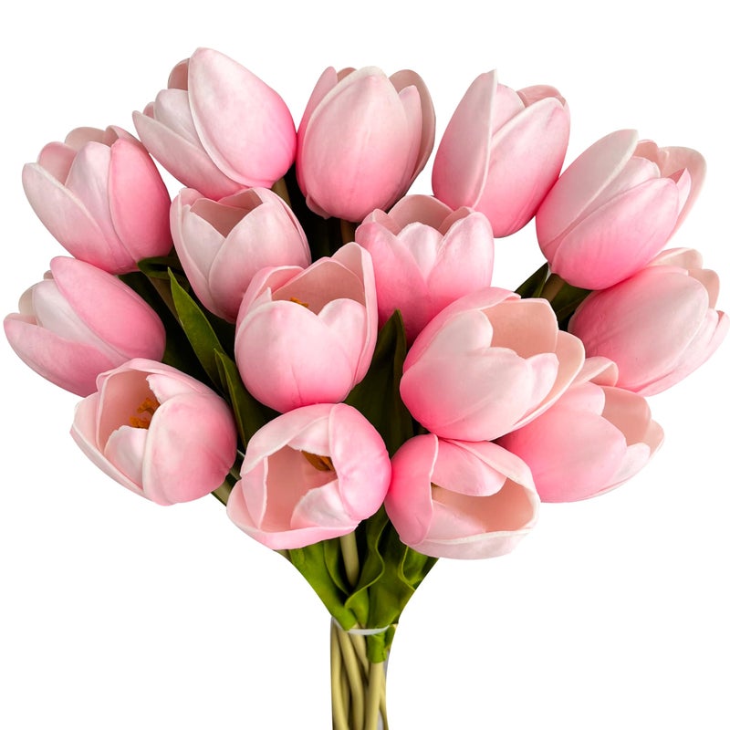 Buart Artificial Tulip in Bulk for Home Kitchen Wedding Bridal Bouquet Fake Flowers for Valentine's Day Mother's Day Easter Table Centerpieces Decorations(Large Size Pink Real-touch 12pcs) - Image 1