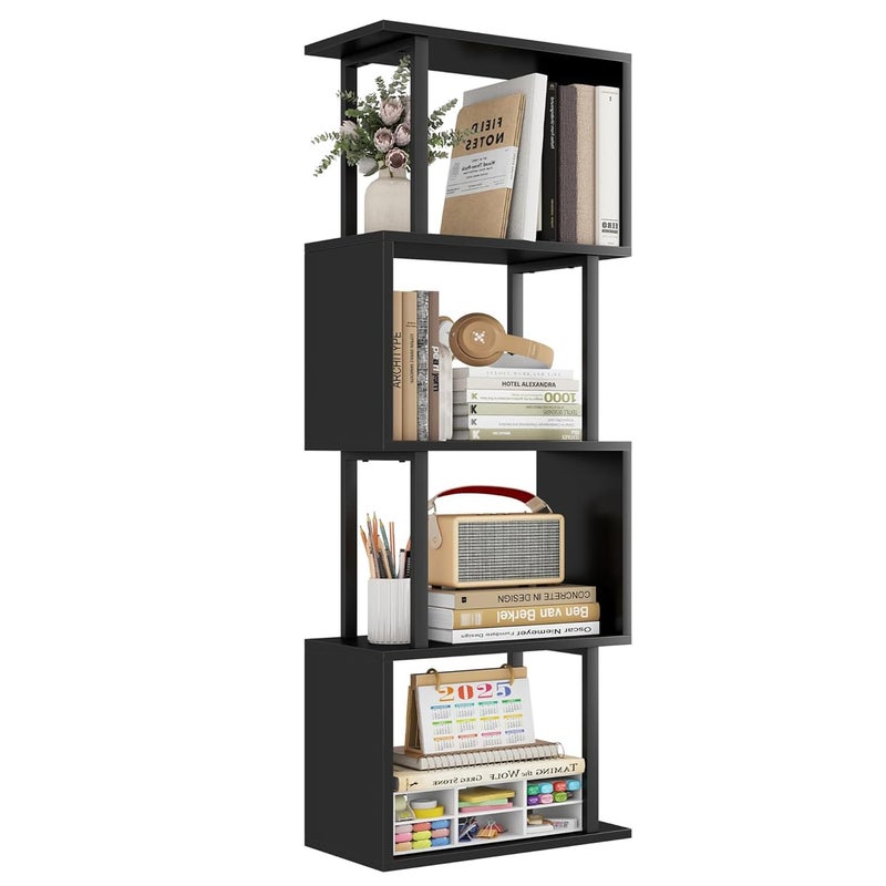 Gadroad 4-Tier Bookshelf, Narrow S-Shaped Geometric Bookcase, Wood Decorative Storage Shelving, Modern Freestanding Display Shelves, Book Shelf Unit for Living Room Bedroom Home Office, Black - Image 1