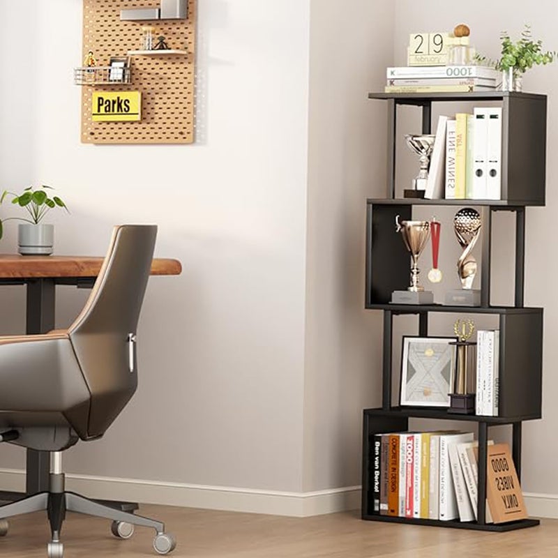 Gadroad 4-Tier Bookshelf, Narrow S-Shaped Geometric Bookcase, Wood Decorative Storage Shelving, Modern Freestanding Display Shelves, Book Shelf Unit for Living Room Bedroom Home Office, Black - Image 3