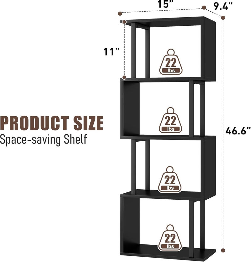 Gadroad 4-Tier Bookshelf, Narrow S-Shaped Geometric Bookcase, Wood Decorative Storage Shelving, Modern Freestanding Display Shelves, Book Shelf Unit for Living Room Bedroom Home Office, Black - Image 5