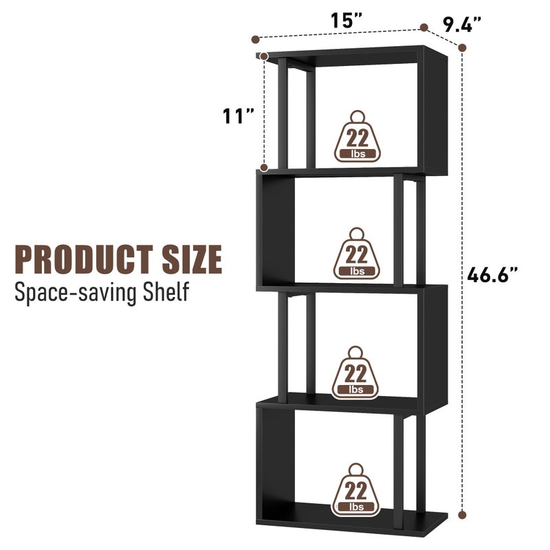 Gadroad 4-Tier Bookshelf, Narrow S-Shaped Geometric Bookcase, Wood Decorative Storage Shelving, Modern Freestanding Display Shelves, Book Shelf Unit for Living Room Bedroom Home Office, Black - Image 2