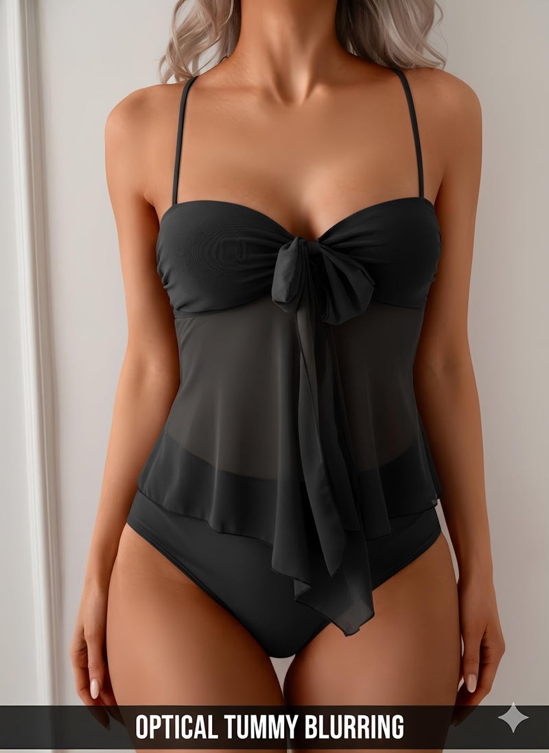 B2prity Tankini Swimsuits for Women, Tummy Control Flowy Mesh Tops, High Waisted Bottoms, Coquette 2 Piece Bathing Suits Black - Image 4