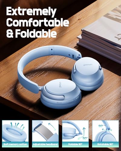 Picun NC60 Hybrid Active Noise Cancelling Headphones, Foldable Wireless Over Ear Bluetooth 5.4 Headphones, 80H Playtime, Transparency Mode, Stereo Bass, Custom EQ via App for Travel Home Lake Blue - Image 5