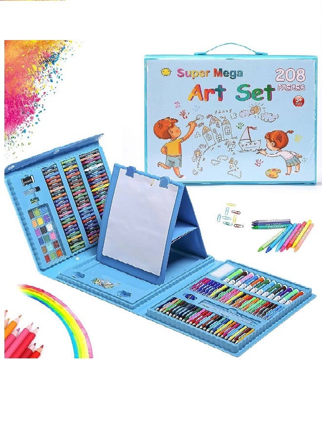 Super Mega 208 Pcs Art Set for Kids,Art Supplies,Drawing Art Kits with Oil Pastels,Colored Pencils,Crayons,Paint Brush,Watercolor Cakes,Portable Coloring for Kids Creative Gift Box (Blue) - Image 1