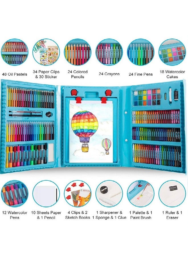 Super Mega 208 Pcs Art Set for Kids,Art Supplies,Drawing Art Kits with Oil Pastels,Colored Pencils,Crayons,Paint Brush,Watercolor Cakes,Portable Coloring for Kids Creative Gift Box (Blue) - Image 2