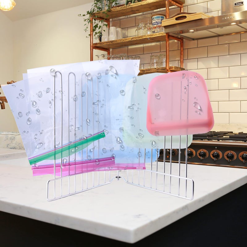 LEKUSHA Reusable Drying Rack, Foldable Freezer Bag Dryer, SUS304 Stainless Steel Stand for Gallon, Quart, Sandwich, Snack Bags - Image 2
