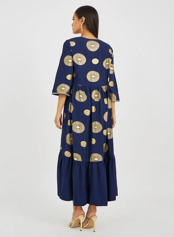 تايك تو Take Two Foil Print Ruffled Hem V-Neck A-Line Jalabiya