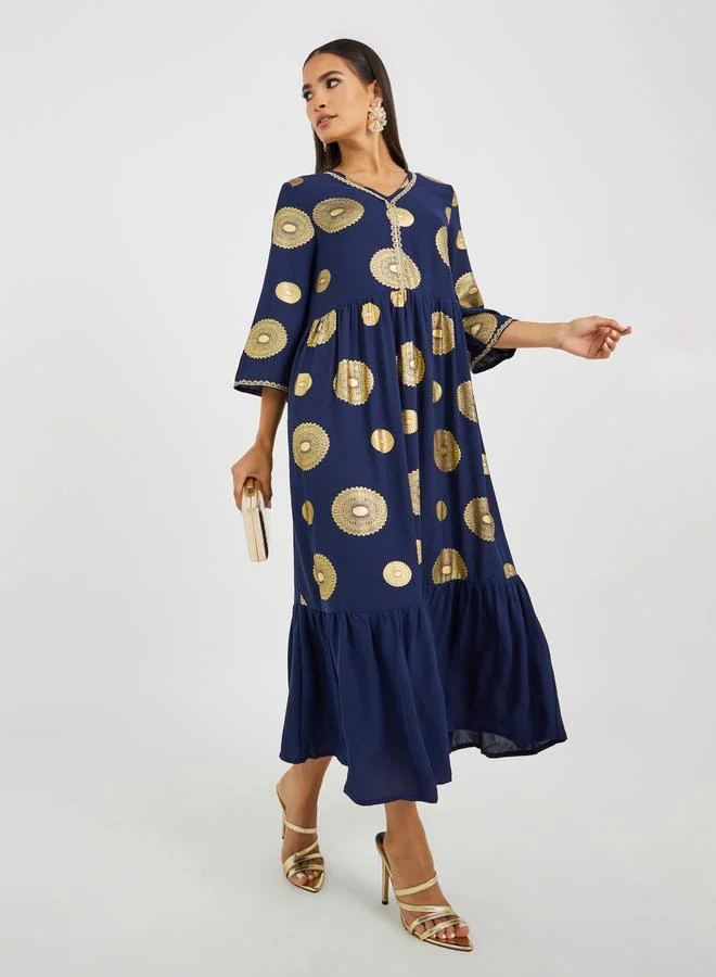 Take Two Take Two Foil Print Ruffled Hem V-Neck A-Line Jalabiya