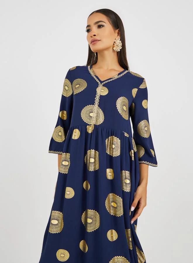 تايك تو Take Two Foil Print Ruffled Hem V-Neck A-Line Jalabiya