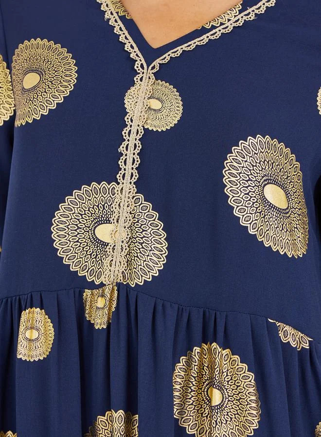 تايك تو Take Two Foil Print Ruffled Hem V-Neck A-Line Jalabiya