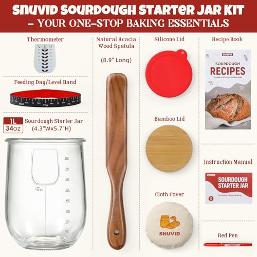 Snuvid 1 L 34 oz Sourdough Starter Jar Kit Wide Mouth Potbelly Crock  Glass Sour Dough Starter Bread Jar Set  Sourdough Baking Supplies  Sour Dough Bread Accessories Gifts for Sourdough Lovers - Image 5