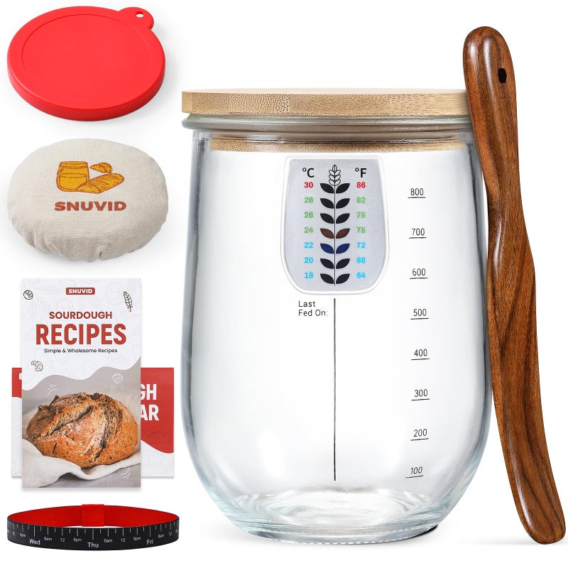 Snuvid 1 L 34 oz Sourdough Starter Jar Kit Wide Mouth Potbelly Crock  Glass Sour Dough Starter Bread Jar Set  Sourdough Baking Supplies  Sour Dough Bread Accessories Gifts for Sourdough Lovers - Image 3