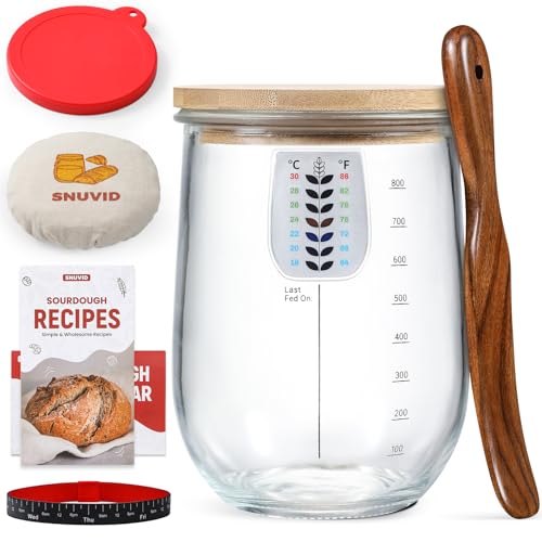Snuvid 1 L 34 oz Sourdough Starter Jar Kit Wide Mouth Potbelly Crock  Glass Sour Dough Starter Bread Jar Set  Sourdough Baking Supplies  Sour Dough Bread Accessories Gifts for Sourdough Lovers - Image 1