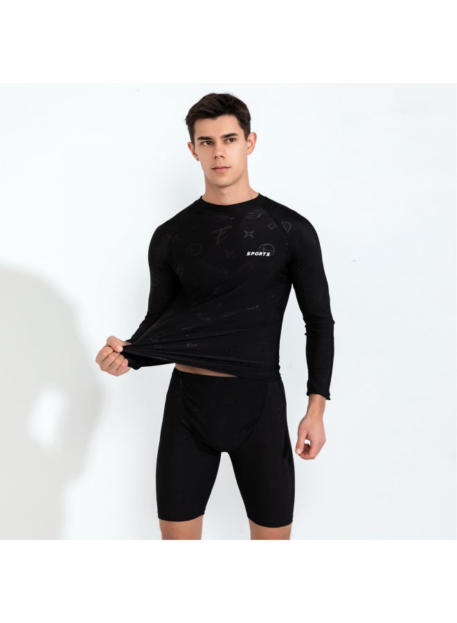 Loquat Imitation Shark Skin Men's Swimsuit Top Set Boys' Surf Suit Long Sleeve Anti-embarrassment Swim Trunks Quick-drying Professional-Color:Long Sleeve Dark Flower Swimsuit + Swimming Trunks- - Image 5