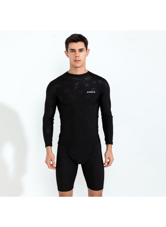 Loquat Imitation Shark Skin Men's Swimsuit Top Set Boys' Surf Suit Long Sleeve Anti-embarrassment Swim Trunks Quick-drying Professional-Color:Long Sleeve Dark Flower Swimsuit + Swimming Trunks- - Image 3