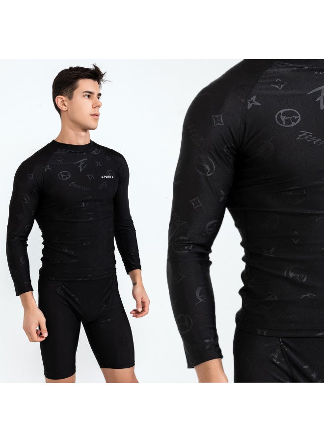 Loquat Imitation Shark Skin Men's Swimsuit Top Set Boys' Surf Suit Long Sleeve Anti-embarrassment Swim Trunks Quick-drying Professional-Color:Long Sleeve Dark Flower Swimsuit + Swimming Trunks- - Image 2