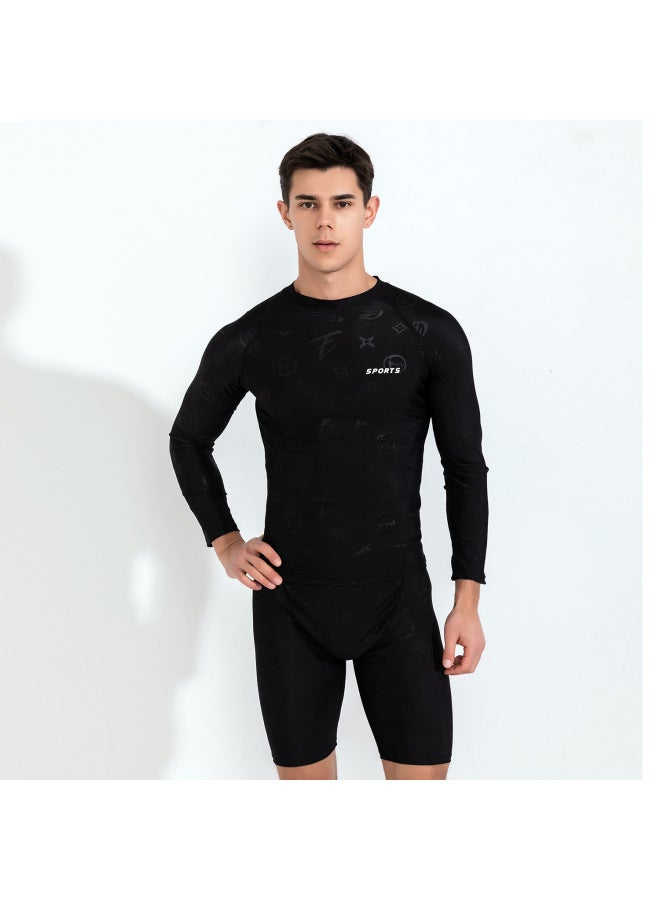 Loquat Imitation Shark Skin Men's Swimsuit Top Set Boys' Surf Suit Long Sleeve Anti-embarrassment Swim Trunks Quick-drying Professional-Color:Long Sleeve Dark Flower Swimsuit + Swimming Trunks- - Image 4