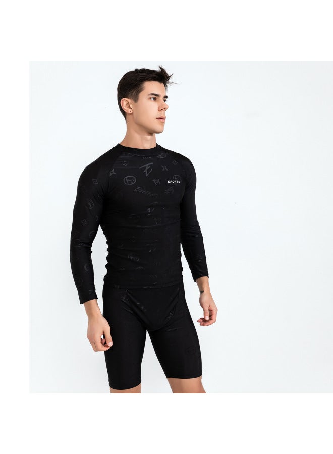 Loquat Imitation Shark Skin Men's Swimsuit Top Set Boys' Surf Suit Long Sleeve Anti-embarrassment Swim Trunks Quick-drying Professional-Color:Long Sleeve Dark Flower Swimsuit + Swimming Trunks- - Image 1