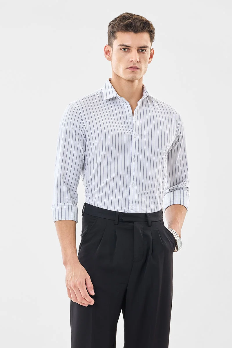 SNITCH White Striped Long Sleeve Slim Fit Shirt