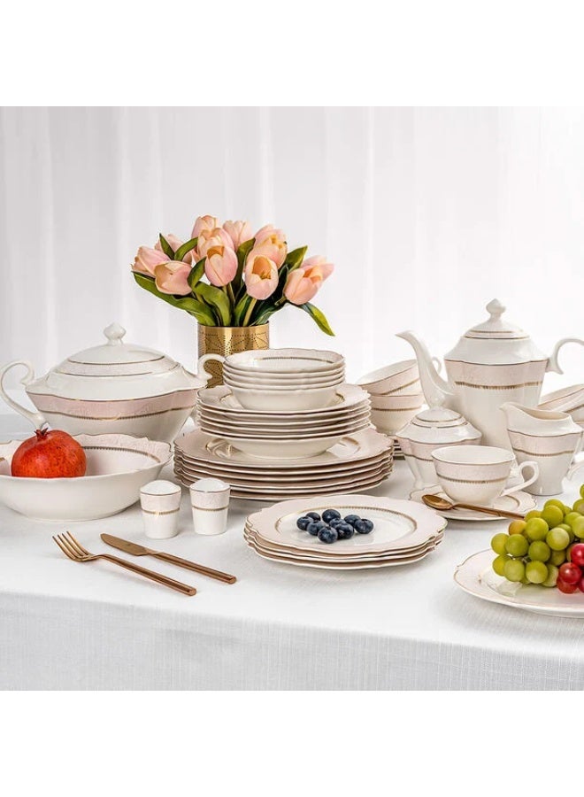 متجر نايس طقم عشاء فاخر من لا ميسا – 85 قطعة من البورسلان الوردي الفاخر (بون تشاينا) – طقم سفرة متكامل للأطباق والصحون وأكواب الشاي والصحون العميقة وأدوات التقديم – طقم بورسلان فاخر للمناسبات والولائم والعزومات والهدايا المنزلية والزواج والاستخدام اليومي - Image 1