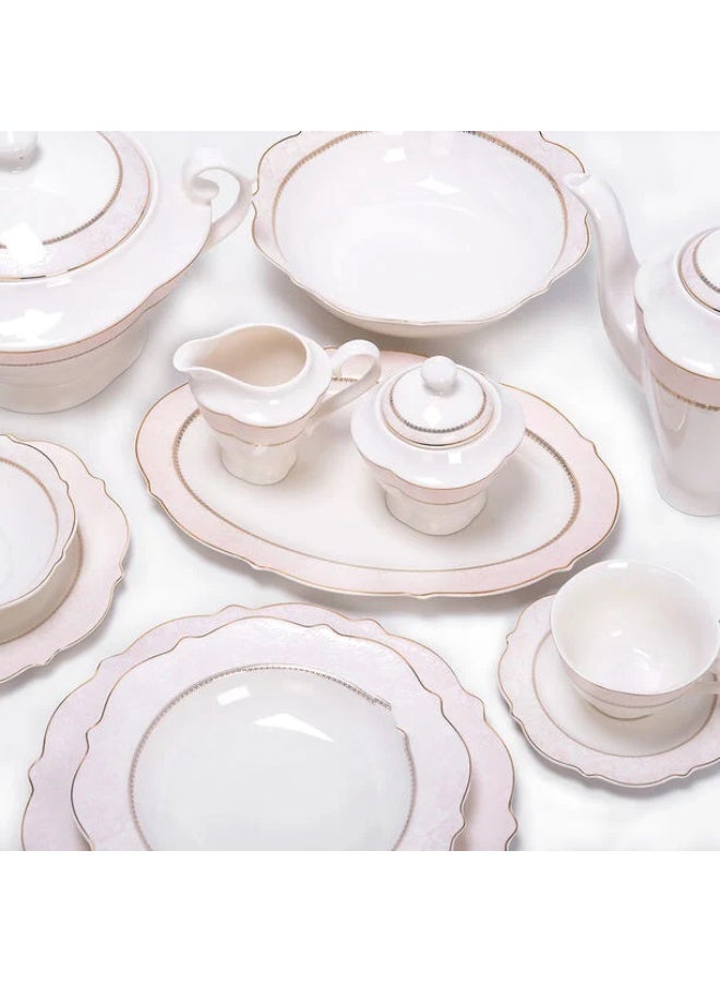 متجر نايس طقم عشاء فاخر من لا ميسا – 85 قطعة من البورسلان الوردي الفاخر (بون تشاينا) – طقم سفرة متكامل للأطباق والصحون وأكواب الشاي والصحون العميقة وأدوات التقديم – طقم بورسلان فاخر للمناسبات والولائم والعزومات والهدايا المنزلية والزواج والاستخدام اليومي - Image 3