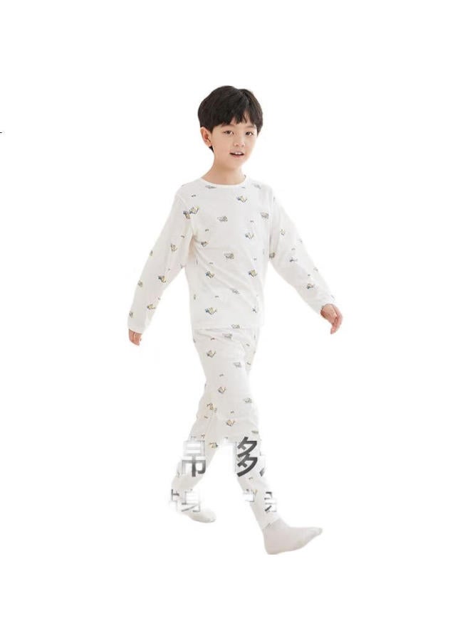 Red Bean Hongdou Children'S Pajamas, Boys And Girls Spring And Summer Thin Pure Cotton Home Wear Set, Long-Sleeve Pants, Air Conditioning Suit, J3225, White, 165 - Image 2