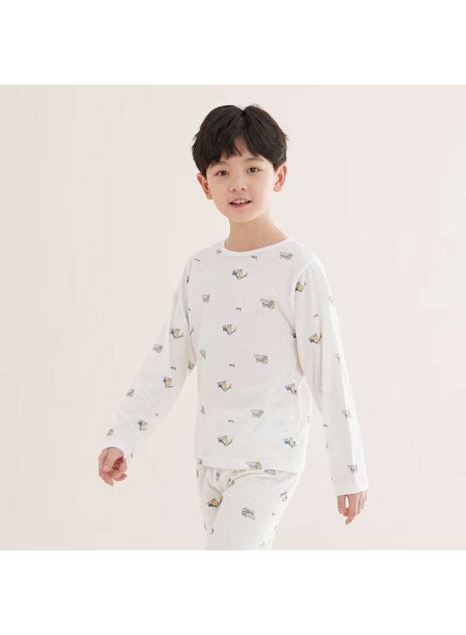 Red Bean Hongdou Children's Pajamas, Boys And Girls Spring And Summer Thin Pure Cotton Home Wear Set, Long-sleeve Pants, Air Conditioning Suit, J3225, White, 165 - Image 2