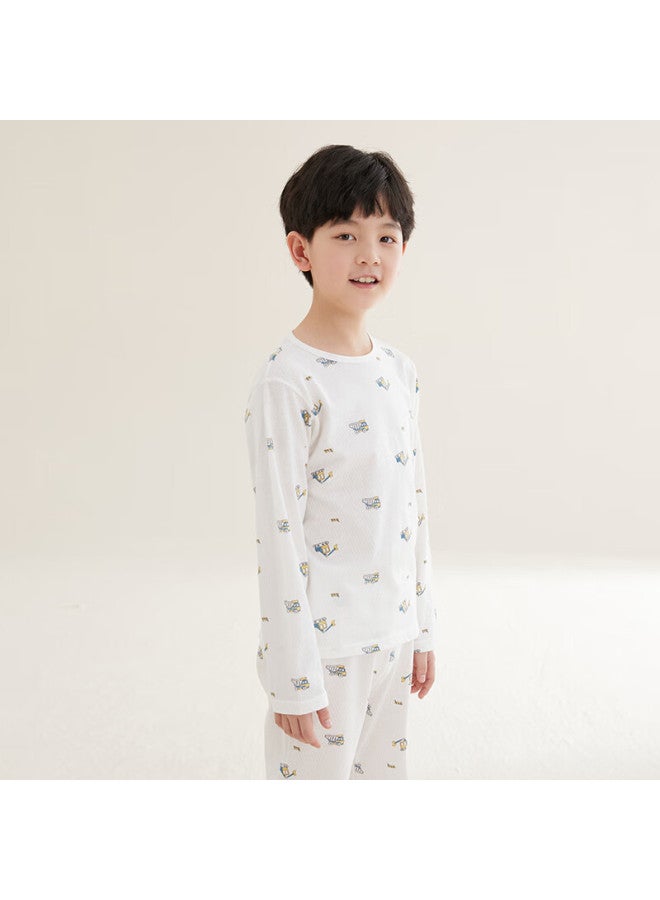 Red Bean Hongdou Children's Pajamas, Boys And Girls Spring And Summer Thin Pure Cotton Home Wear Set, Long-sleeve Pants, Air Conditioning Suit, J3225, White, 165 - Image 1