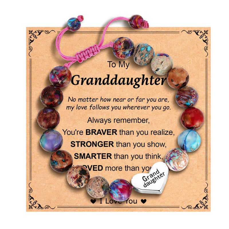 Esrial Granddaughter Daughter Gifts - Heart Natural Stone Beaded Bracelet for Girls, Christmas Valentines Easter Birthday Jewelry Gifts for Girls Daughter Granddaughterï¼ˆColorful Imperial Jasperï¼‰ - Image 1