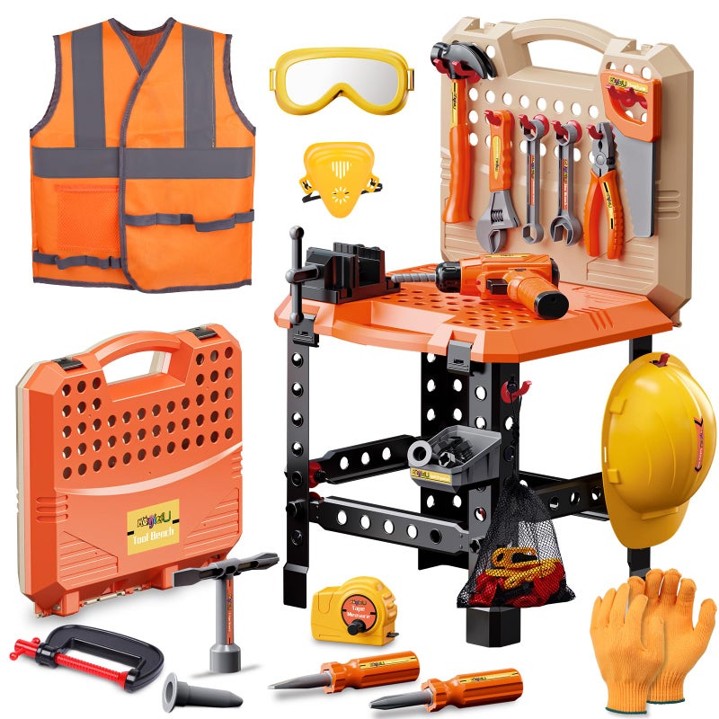 Magic4U Kids Tool Bench SetMAGIC4U 95PCS Toddler Tool Workbench with Electronic Drill 13 Tool EquipementsSafety Vest HatPretend Play Kids Construction Toys Gift for Boys Girls Age 345678 - Image 4