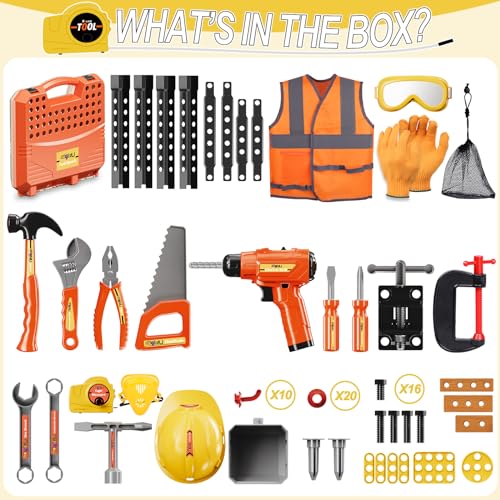 Magic4U Kids Tool Bench SetMAGIC4U 95PCS Toddler Tool Workbench with Electronic Drill 13 Tool EquipementsSafety Vest HatPretend Play Kids Construction Toys Gift for Boys Girls Age 345678 - Image 5