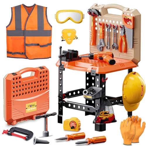 Magic4U Kids Tool Bench SetMAGIC4U 95PCS Toddler Tool Workbench with Electronic Drill 13 Tool EquipementsSafety Vest HatPretend Play Kids Construction Toys Gift for Boys Girls Age 345678 - Image 1