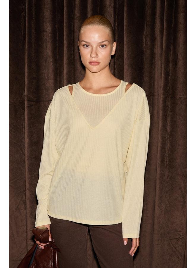 Ethiquet ZARREUS Women's Shoulder-Deep V-Neck Elastic Fabric Comfortable Fit Yellow Blouse. - Image 1