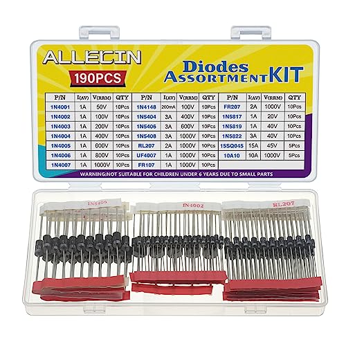 ALLECIN 20Values Diodes Kit 1N4001 1N4002 1N4003 1N4004 1N4005 1N4006 1N4007 1N4148 1N5404 1N5406 1N5408 RL207 UF4007 FR107 FR207 1N5817 1N5819 1N5822 15SQ045 10A10 Rectifier Schottky Diode Assortment - Image 1