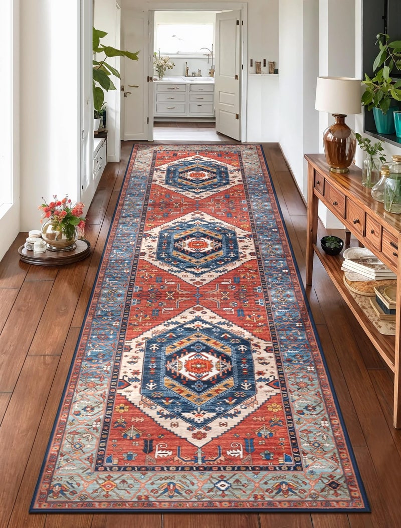 SERISSA Runner Rug for Hallways, 2'6"x10' Washable Non Slip Kitchen Runner Rug, Long Boho Rug Vintage Rust Hallway Stair Ultra Soft Print Floor Carpet for Bedroom Bathroom Laundry Room - Image 1