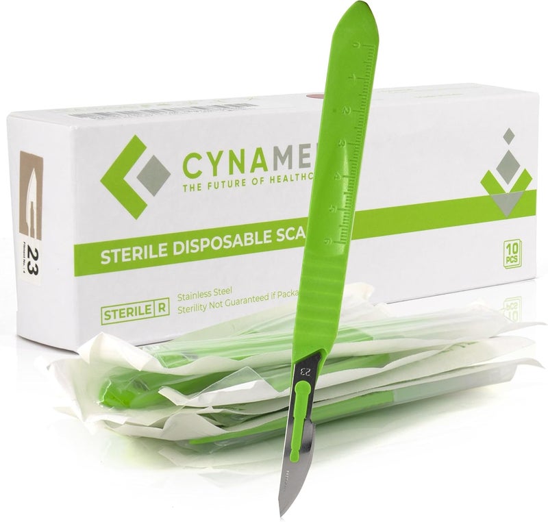 CYNAMED Disposable Scalpel Blades| Sharp, Tempered Stainless-Steel Blades | Pack of 10 Sterile Scalpel Knives| Plastic Handle| Individual Pouches| for Dermaplaining, Podiatry, Crafts & More (No.23) - Image 1