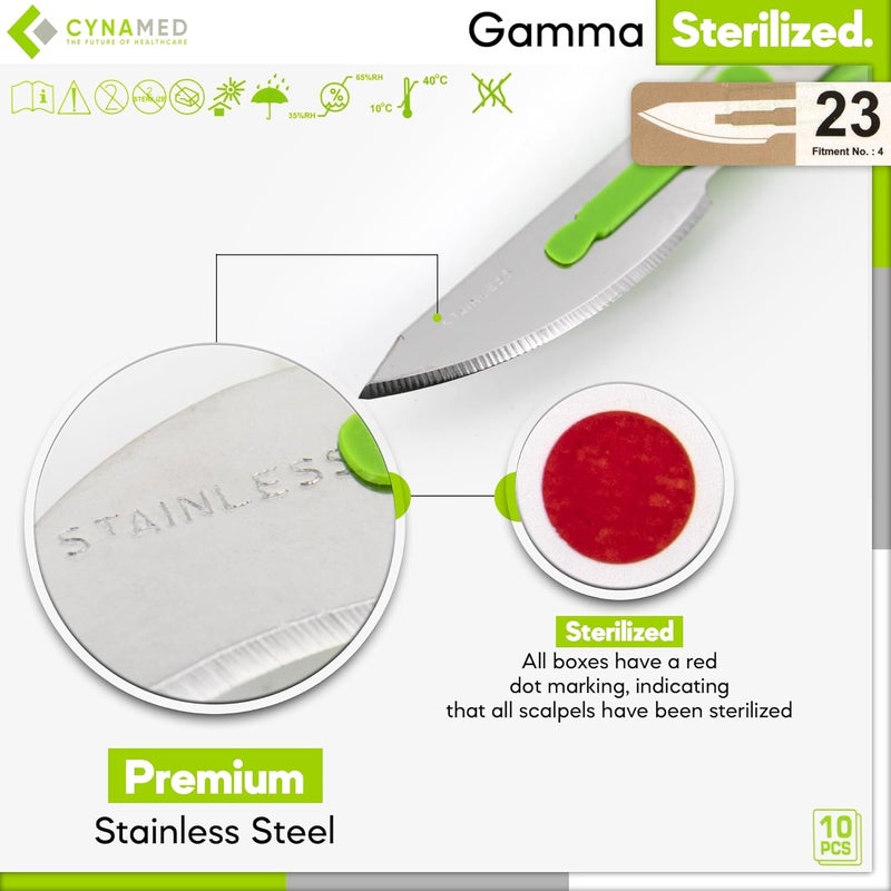 CYNAMED Disposable Scalpel Blades| Sharp, Tempered Stainless-Steel Blades | Pack of 10 Sterile Scalpel Knives| Plastic Handle| Individual Pouches| for Dermaplaining, Podiatry, Crafts & More (No.23) - Image 3