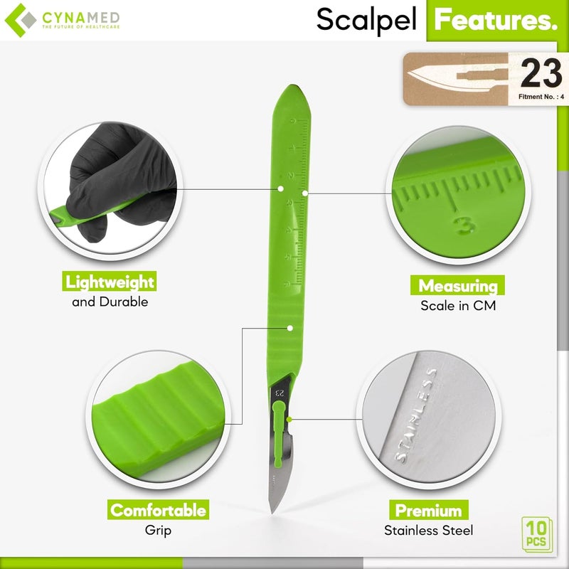 CYNAMED Disposable Scalpel Blades| Sharp, Tempered Stainless-Steel Blades | Pack of 10 Sterile Scalpel Knives| Plastic Handle| Individual Pouches| for Dermaplaining, Podiatry, Crafts & More (No.23) - Image 2