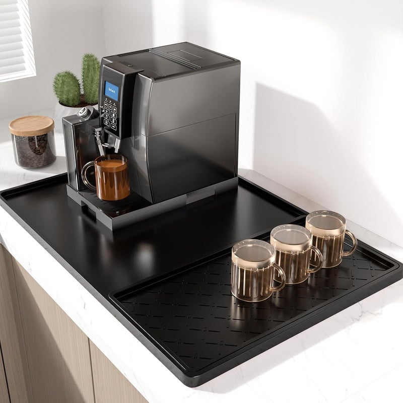 Rnivvi حصيرة قهوة من السيليكون من ، مقاس 16" x 24"، مقاومة للماء وذات حافة مرتفعة، مناسبة لملحقات محطة آلة الإسبريسو، وسادة لتجفيف الأطباق قابلة للفك ومقاومة للحرارة للعمل على طاولة المطبخ، لون أسود - Image 1