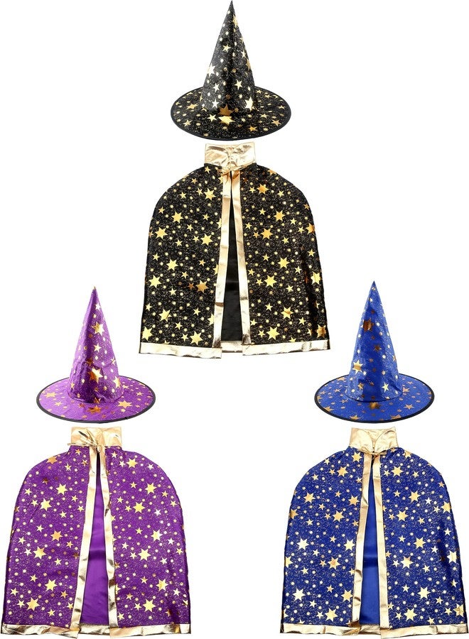 Sonarun 3 Set Kids Wizard Cape Set Witch Cloak with Hat Halloween Wizard Role Play Costumes for Boys Girls Halloween Wizard Cosplay, 3 Colors - Image 1