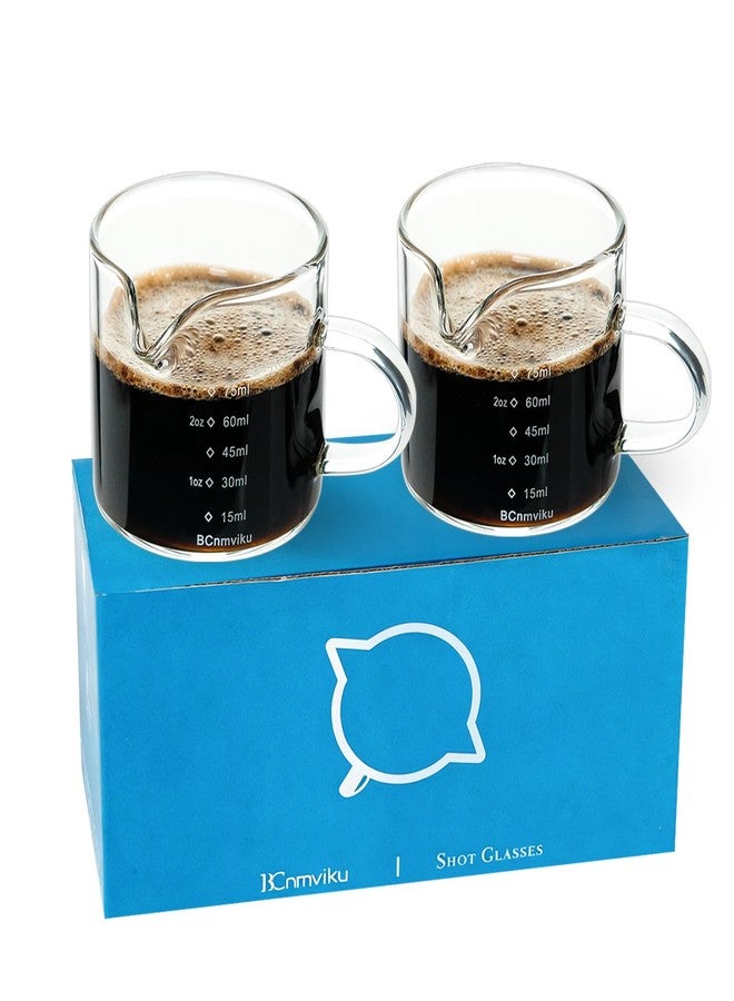 BCnmviku 2 PACK Espresso Glass Measuring Cup Triple Pitcher Milk Cup 75ML Espresso Cups with Handle Shot Glass with V-Shaped Mouth Clear Accessories Milk Frothing Pitcher (2) - Image 1