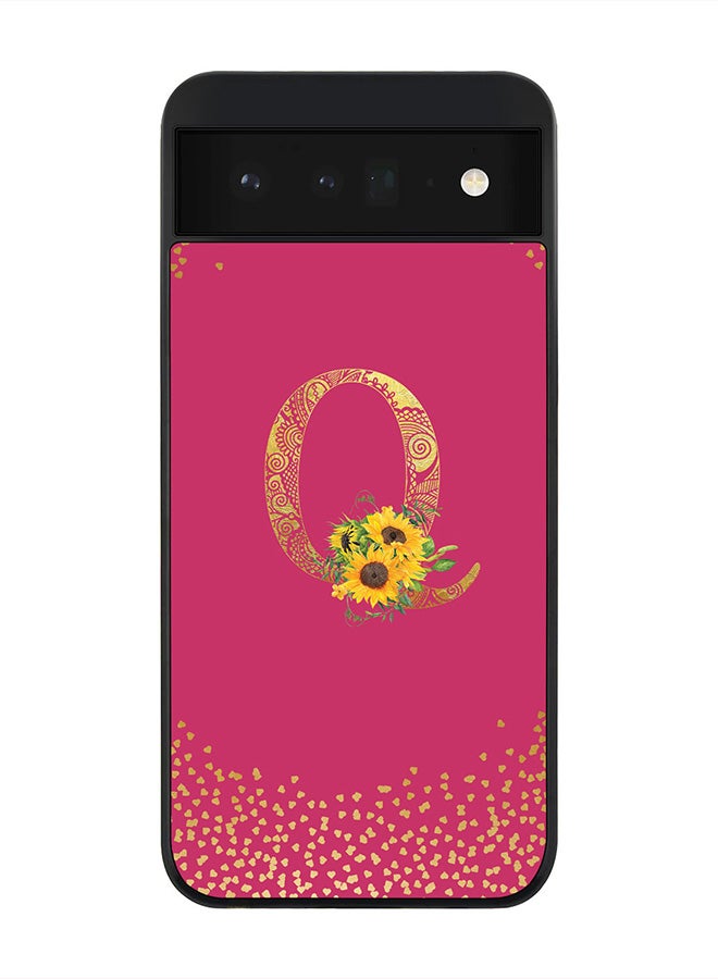 Stylizedd Rugged Black Edge Case for Google Pixel 6 5G, Slim fit Thin Cover -  Custom Monogram Initial Letter Mandala Floral Pattern Alphabet- Q (Dark Pink Rose) - Image 1