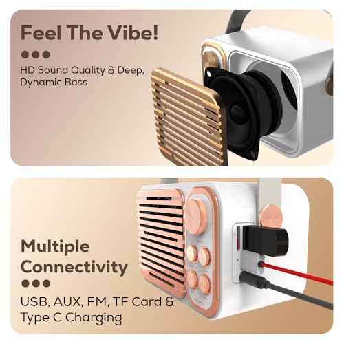 Toreto Retro Mini Bluetooth Speaker with Dual Wireless Karaoke Mic, 20W Output, Bluetooth 5.0, Voice Changer, 10m Range, 6H Playtime, USB/AUX/TF/FM, Type-C Charging (Rose Gold) - Image 5